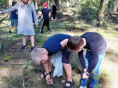 Børn der leger og finder dyr eller svampe i skoven 